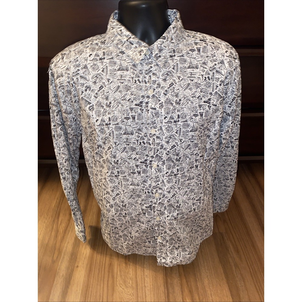 Disney Parks Button Up Shirt Mens Large Newspaper‎ Rides All Over Print L/S
